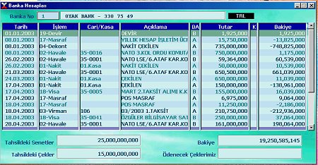 Programdaki banka işlem ekranı